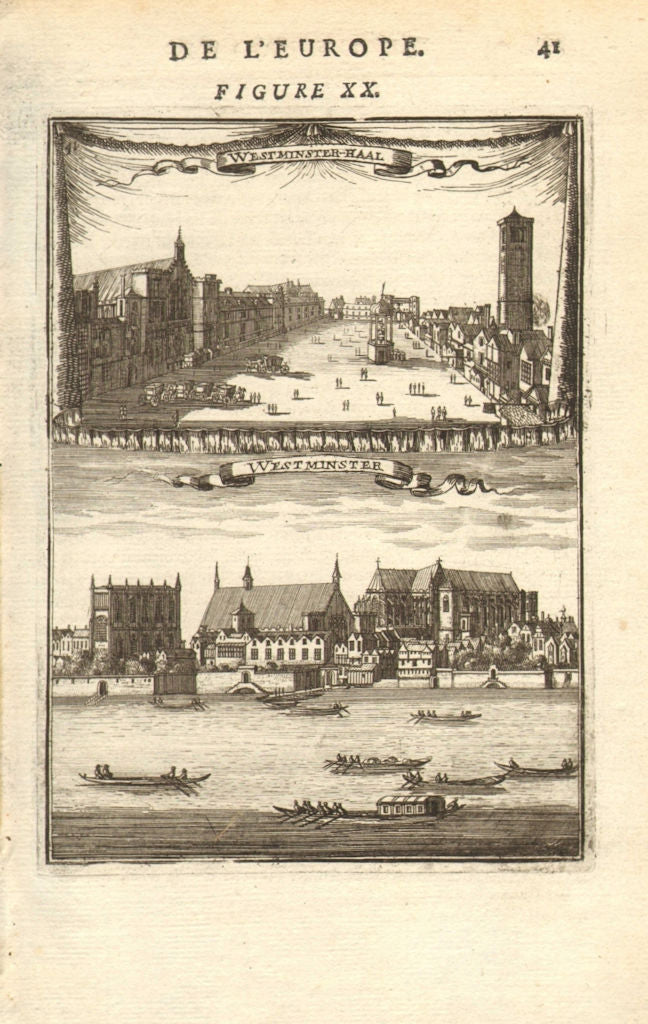 LONDON. 2 views of Westminster. Hall, Abbey, River & boats. MALLET 1683 print